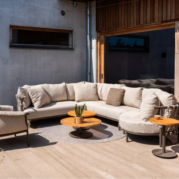 EZOA Lounge Set 8 Seater Aluminium Taupe with Round Teak Coffee and Side Tables