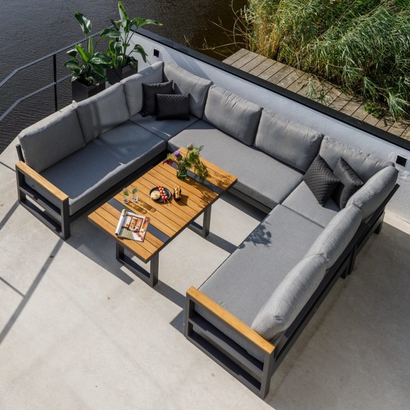 SOHO MISTGREY Lounge Set 8 Seater Aluminium Grey with Teak Armrests and High Coffee Table