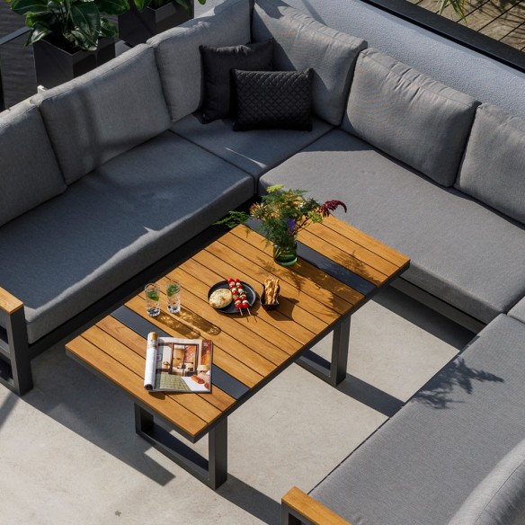 SOHO MISTGREY Lounge Set 8 Seater Aluminium Grey with Teak Armrests and High Coffee Table