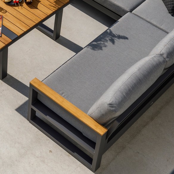 SOHO MISTGREY Lounge Set 8 Seater Aluminium Grey with Teak Armrests and High Coffee Table