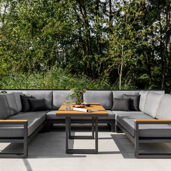 SOHO MISTGREY Lounge Set 8 Seater Aluminium Grey with Teak Armrests and High Coffee Table