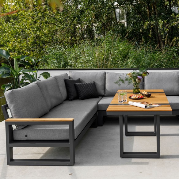 SOHO MISTGREY Lounge Set 8 Seater Aluminium Grey with Teak Armrests and High Coffee Table
