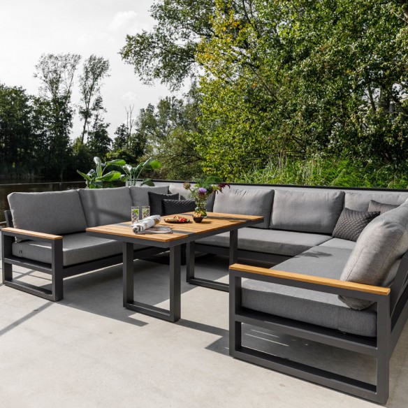 SOHO MISTGREY Lounge Set 8 Seater Aluminium Grey with Teak Armrests and High Coffee Table