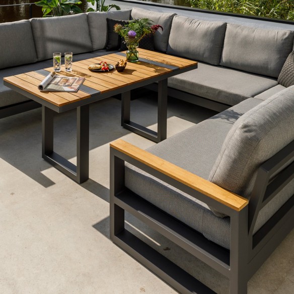 Salon de jardin SOHO MISTGREY 8 places gris aluminium avec accoudoirs en teck et table basse haute