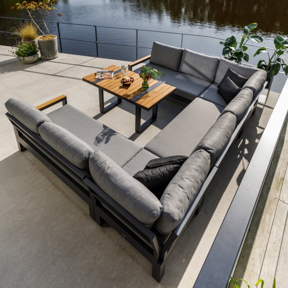 SOHO MISTGREY Lounge Set 8 Seater Aluminium Grey with Teak Armrests and High Coffee Table