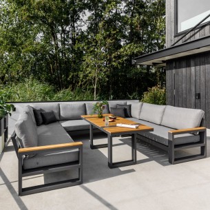 Salon de jardin SOHO MISTGREY 8 places gris aluminium avec accoudoirs en teck et table basse haute