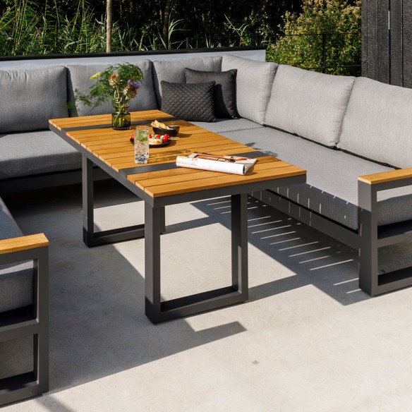SOHO MISTGREY Lounge Set 8 Seater Aluminium Grey with Teak Armrests and High Coffee Table