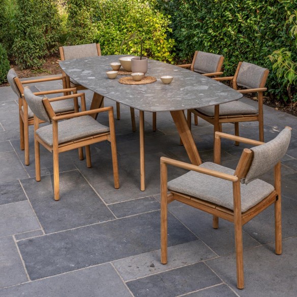 Chaise de jardin LEKO en teck avec coussins beige noisette