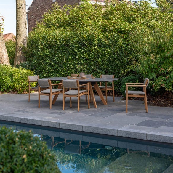 Chaise de jardin LEKO en teck avec coussins beige noisette
