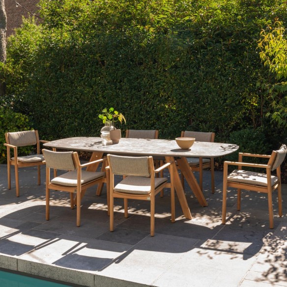 Chaise de jardin LEKO en teck avec coussins beige noisette