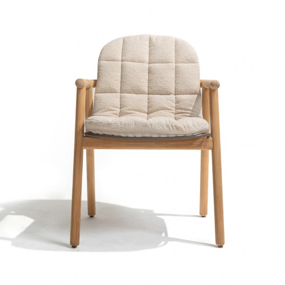 Chaise de jardin SOLANA en teck avec assise ajourée en acier inoxydable et coussin crème