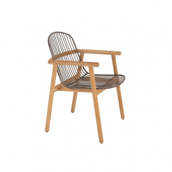 Chaise de jardin SOLANA en teck avec assise ajourée en acier inoxydable et coussin crème