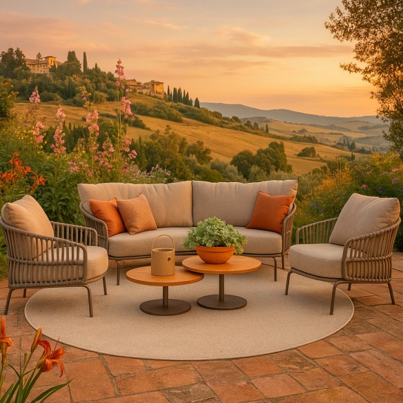 CORDELLA Lounge Set 5 Seater in Taupe Aluminium with a Pair of Teak Coffee Tables