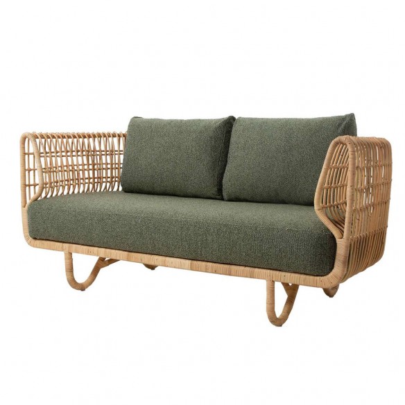 NEST 2 Seater Sofa in Natural Rattan with Dark Green Cushions