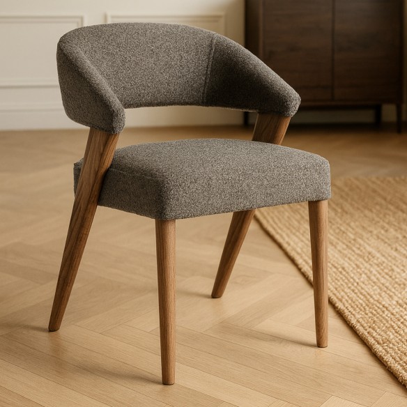 Chaise VARELA en bois de chêne et d’hévéa et tissu gris chiné