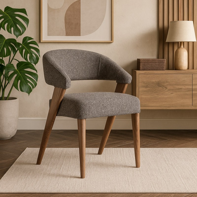 Chaise VARELA en bois de chêne et d’hévéa et tissu gris chiné
