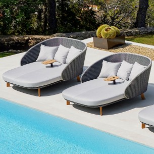 Double bain de soleil PEACOCK en résine tressée grise & tablette teck 2