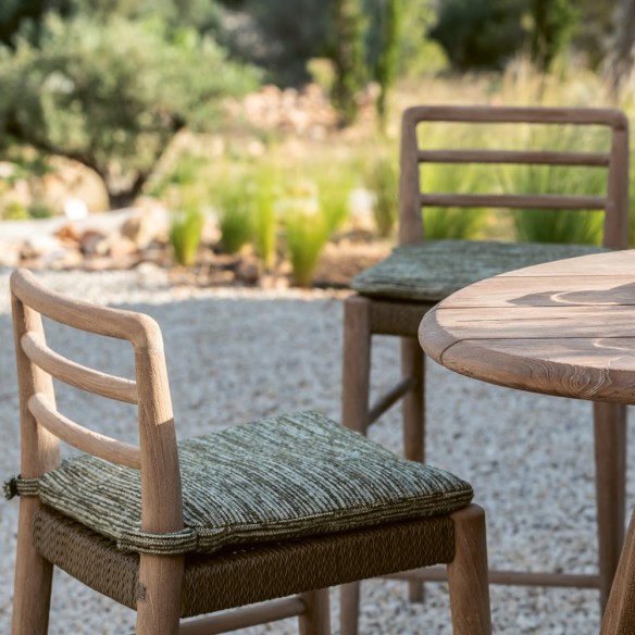 Chaise haute JADA en teck recyclé gris naturel avec coussin d’assise