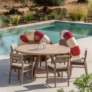 ANDY Round Outdoor Dining Table Set D150 with 6 JADA Dining Chairs in Reclaimed Teak with Cushions