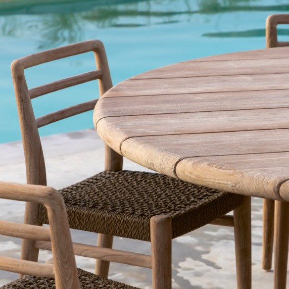 ANDY Round Outdoor Dining Table Set D150 with 6 JADA Dining Chairs in Reclaimed Teak with Cushions