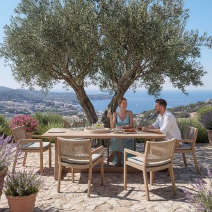 Ensemble table de jardin DELMON L250 et 6 chaises de jardin MALO en teck recyclé avec dossier en corde avec coussin d’assise