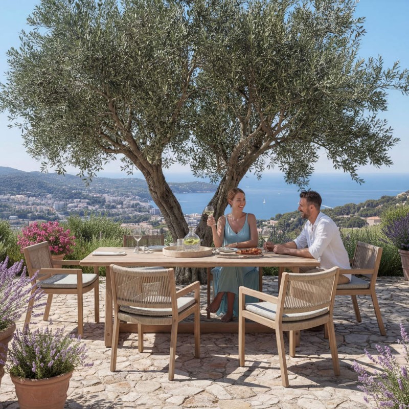 Ensemble table de jardin DELMON L250 et 6 chaises de jardin MALO en teck recyclé avec dossier en corde avec coussin d’assise