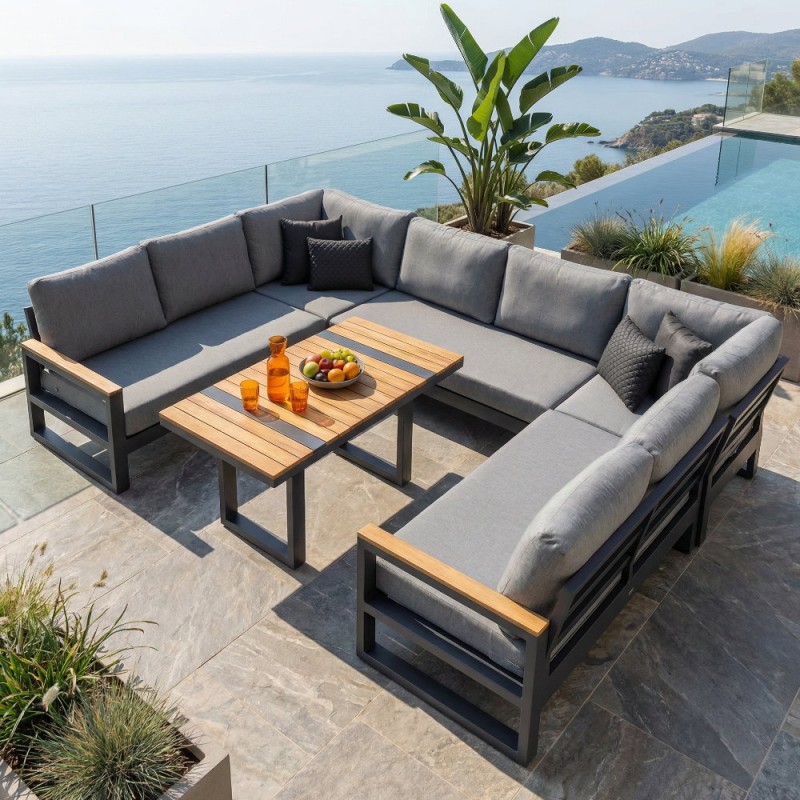 SOHO MISTGREY Lounge Set 8 Seater Aluminium Grey with Teak Armrests and High Coffee Table