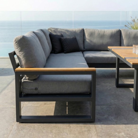 SOHO MISTGREY Lounge Set 8 Seater Aluminium Grey with Teak Armrests and High Coffee Table