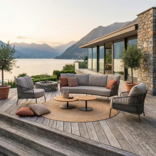 Salon de jardin CORDELLA 5 places cadre taupe aluminium avec duo de tables basses rondes en teck