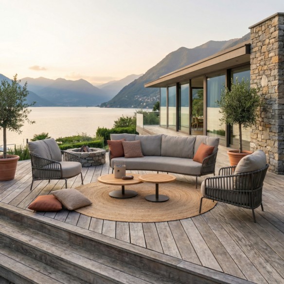 Salon de jardin CORDELLA 5 places cadre taupe aluminium avec duo de tables basses rondes en teck