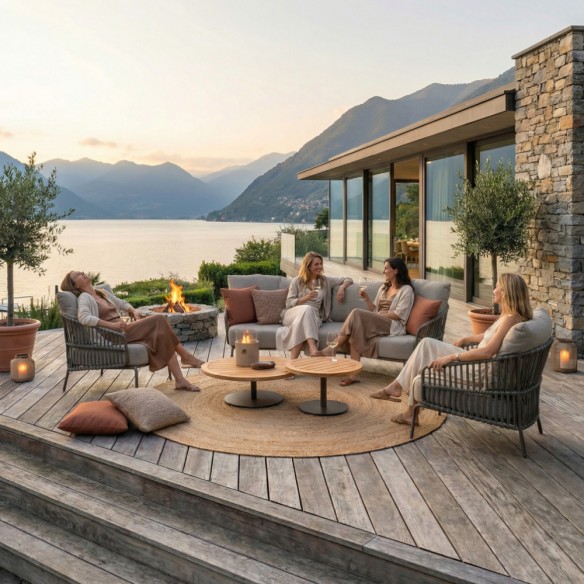 Salon de jardin CORDELLA 5 places cadre taupe aluminium avec duo de tables basses rondes en teck