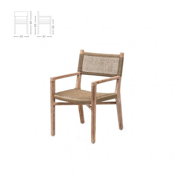 Chaise de jardin FLORA en teck recyclé avec accoudoirs et coussin d’assise