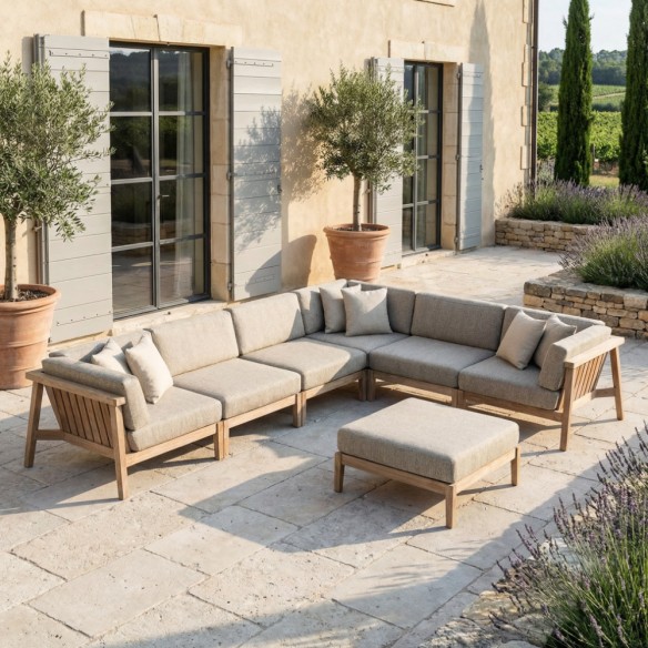 Salon de jardin LAUSANNE 7 places en teck recyclé gris naturel