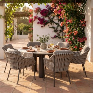 Ensemble Table de jardin ronde ARIA en aluminium taupe et céramique D160 avec 6 chaises MISTRAL taupe coussin beige