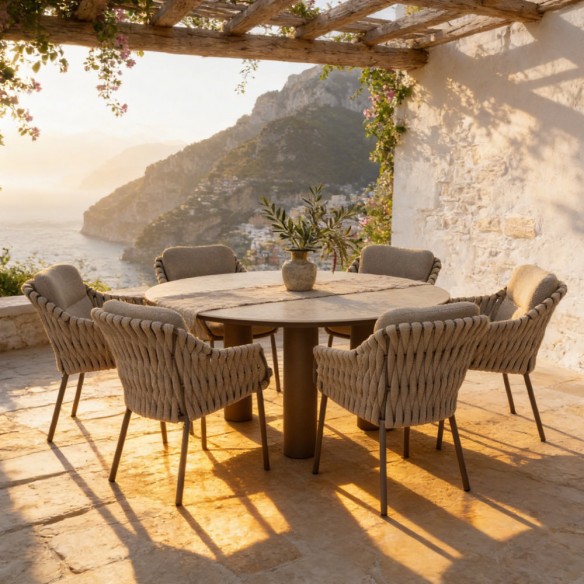 Ensemble Table de jardin ronde ARIA en aluminium taupe et céramique D160 avec 6 chaises MISTRAL taupe coussin beige