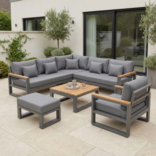 Salon de jardin SOHO CARBON 6 places gris aluminium avec accoudoirs en teck