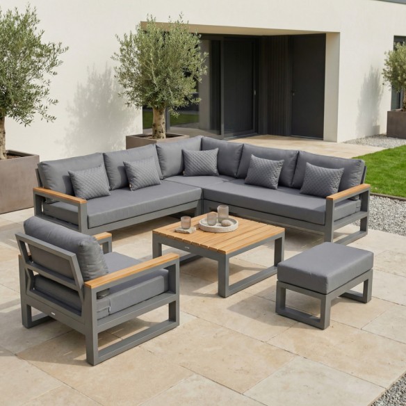 Salon de jardin SOHO CARBON 6 places gris aluminium avec accoudoirs en teck