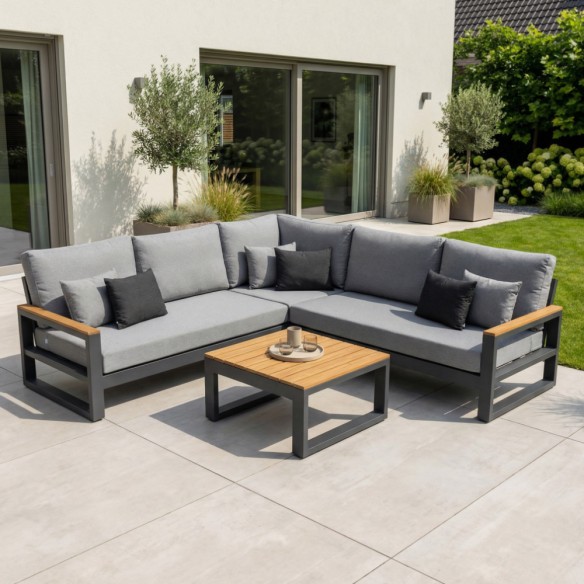 Salon de jardin SOHO MISTGREY 5 places gris aluminium avec accoudoirs en teck