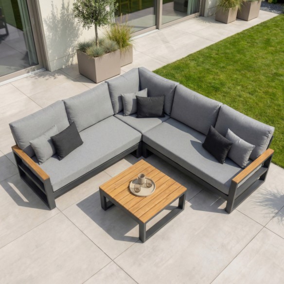 Salon de jardin SOHO MISTGREY 5 places gris aluminium avec accoudoirs en teck