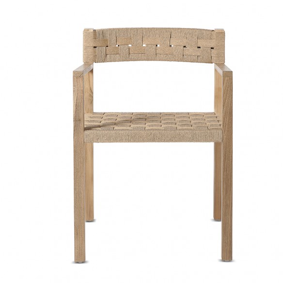 CORA Dining Chair in Reclaimed Teak with Armrests and Natural Rope