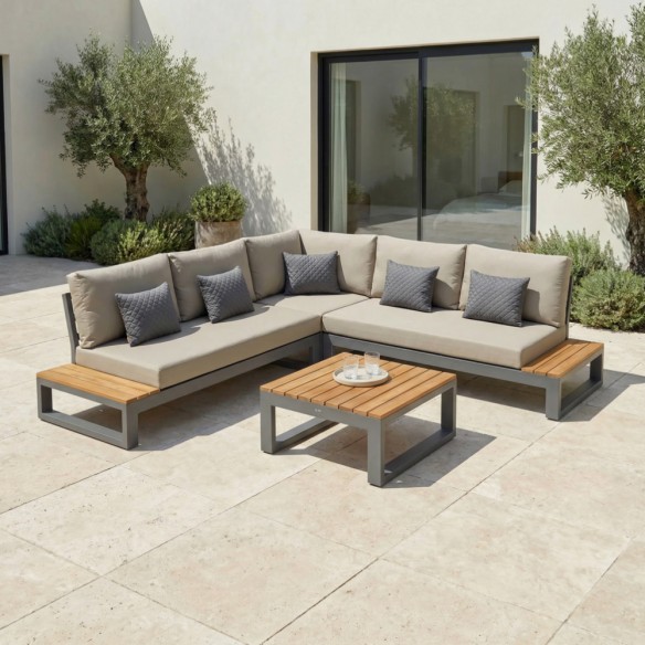 Salon de jardin SOHO KAKI 5 places gris aluminium avec tables d'appoint intégrées