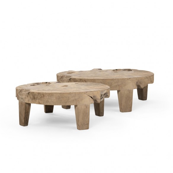 Duo de tables basses de jardin BATUCADA XL en racine de teck gris naturel D70cm D90cm