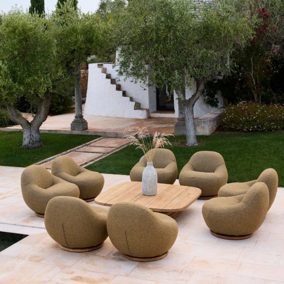 Fauteuil de jardin pivotant GEM avec base teck et tissu texturé ocre solaire