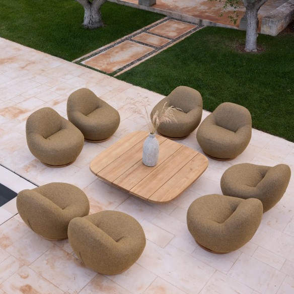 GEM Outdoor Swivel Lounge Chair with Teak Base and Textured Solar Ochre Fabric