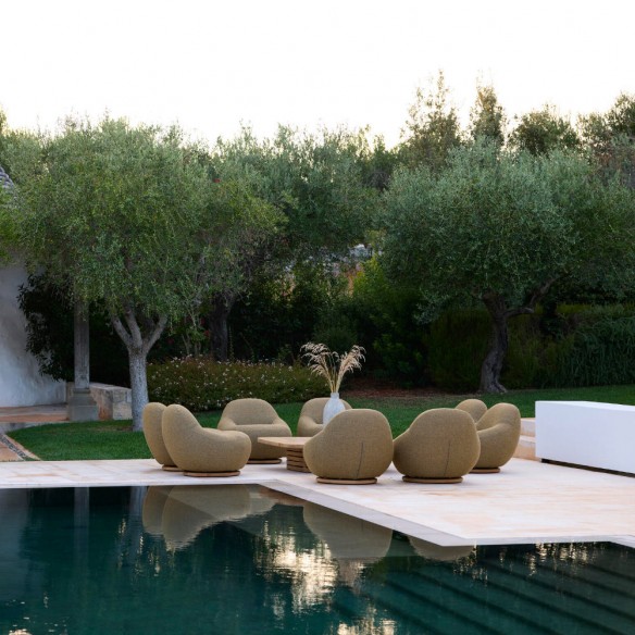 GEM Outdoor Swivel Lounge Chair with Teak Base and Textured Solar Ochre Fabric