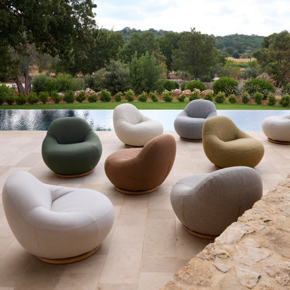 Fauteuil de jardin pivotant GEM avec base teck et tissu texturé ocre solaire