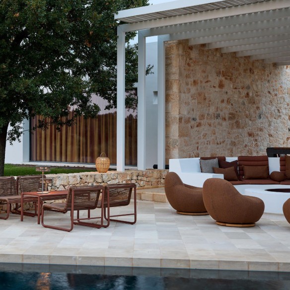 GEM Outdoor Swivel Lounge Chair with Teak Base and Textured Amber Earth Fabric