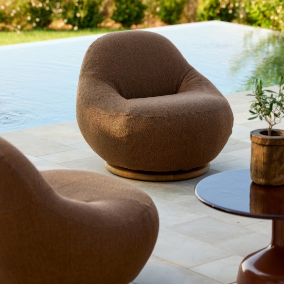 GEM Outdoor Swivel Lounge Chair with Teak Base and Textured Amber Earth Fabric