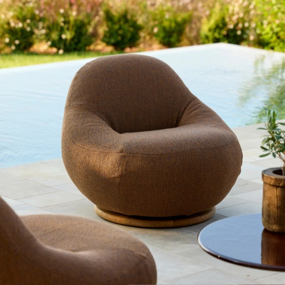 GEM Outdoor Swivel Lounge Chair with Teak Base and Textured Amber Earth Fabric
