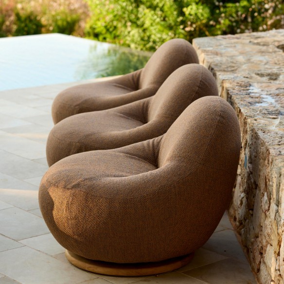 GEM Outdoor Swivel Lounge Chair with Teak Base and Textured Amber Earth Fabric